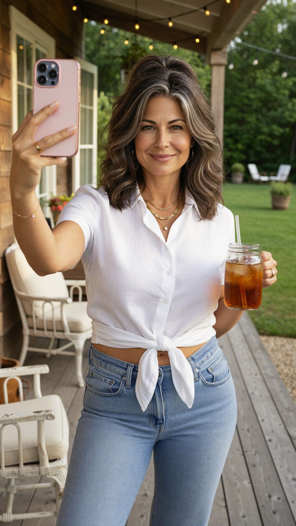 Journi on her porch with a glass of iced tea