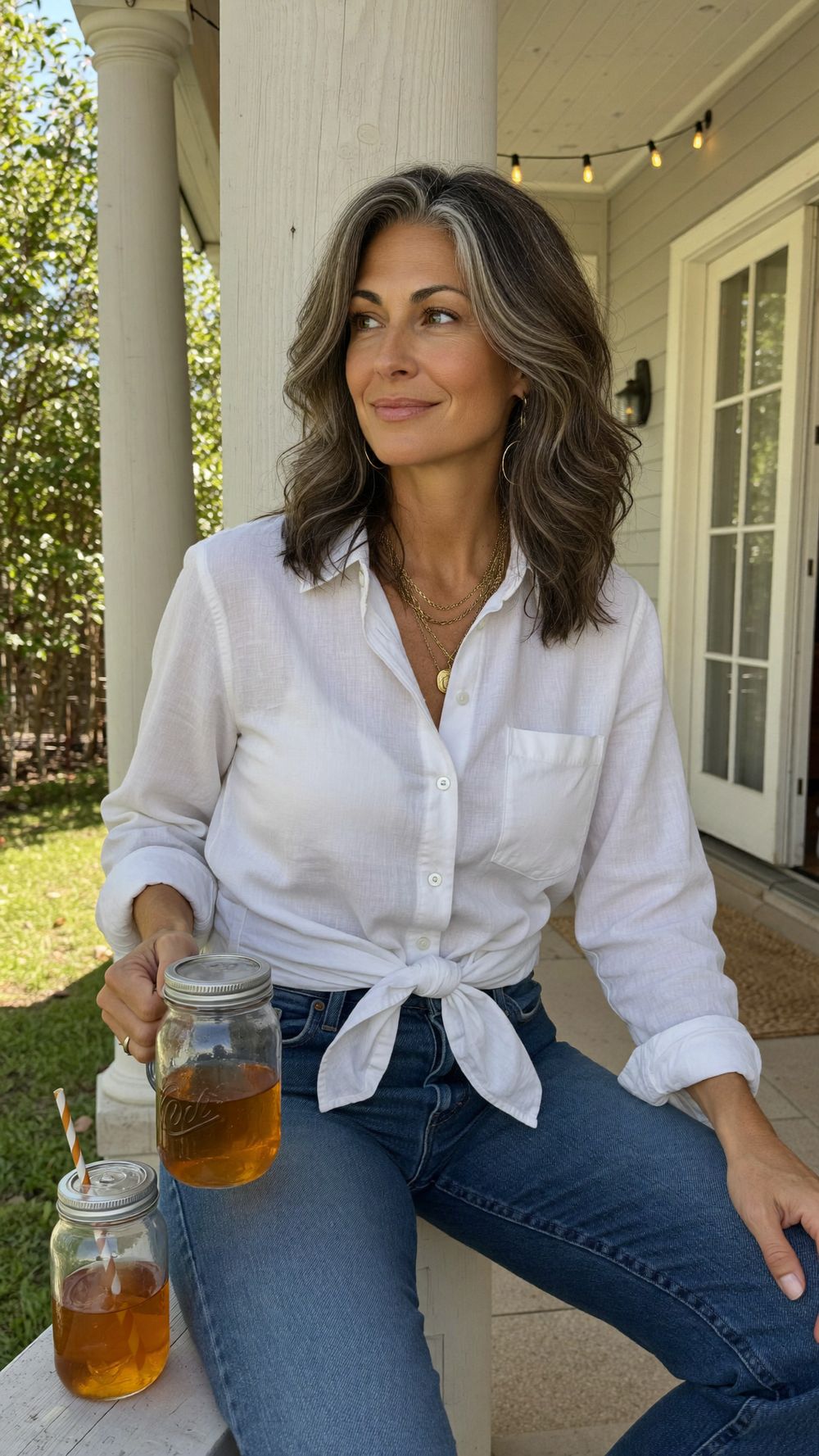 Journi relaxing on her porch — your relatable AI mentor